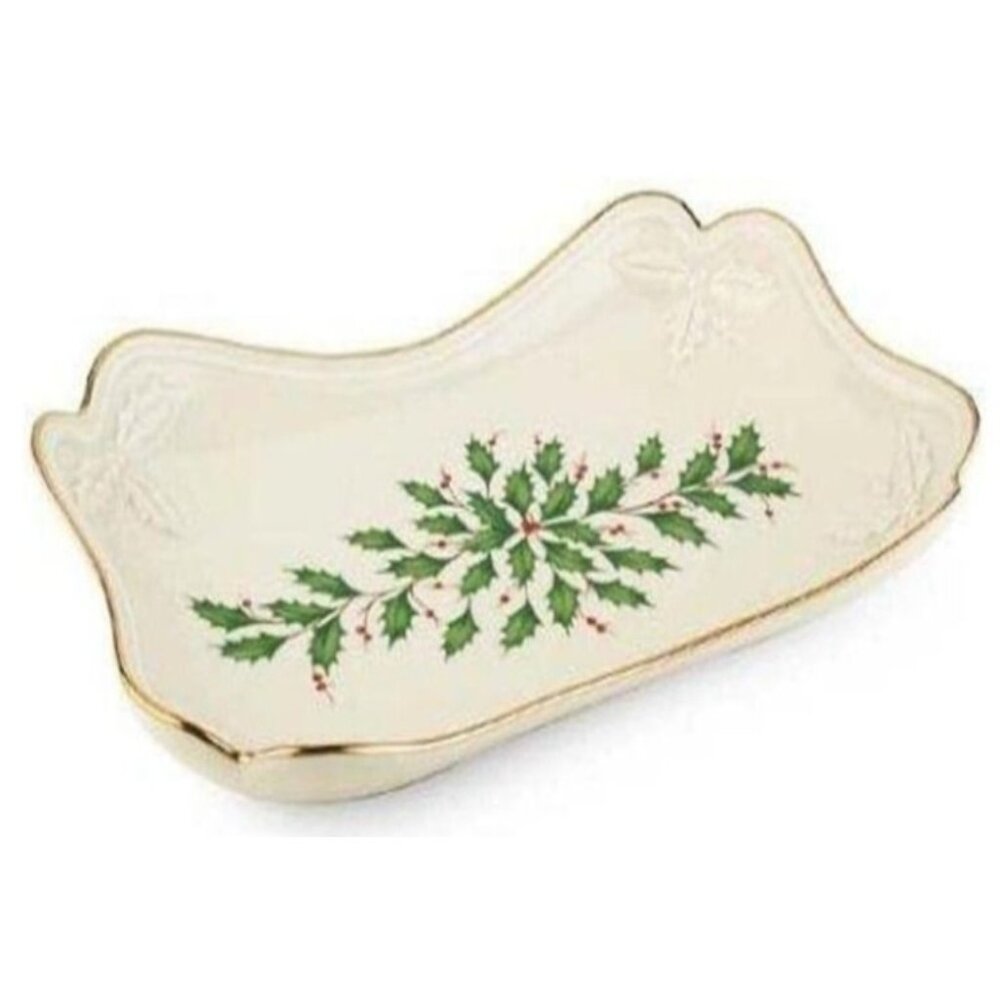 Lenox Holiday Canapé Plate Ivory & Gold Trim 11" Holly & Berry Design Gift Boxed